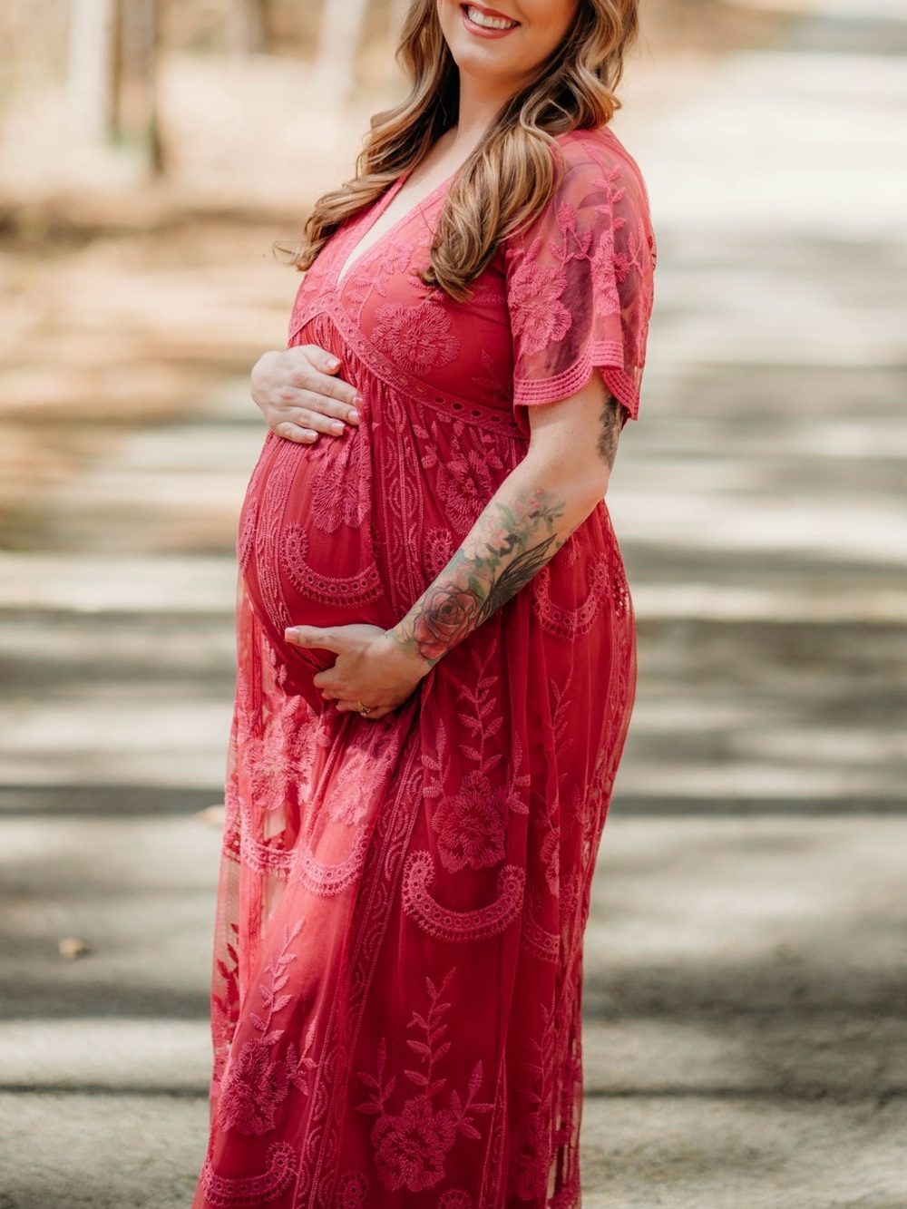 PinkBlush Magenta Lace Mesh Overlay Maternity Maxi Dress Short Sleeve M